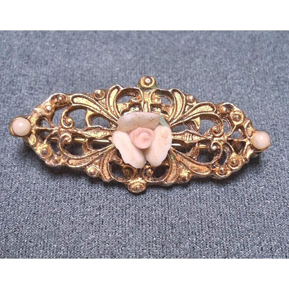 Vintage Porcelain Rose Brooch Pink Flowers